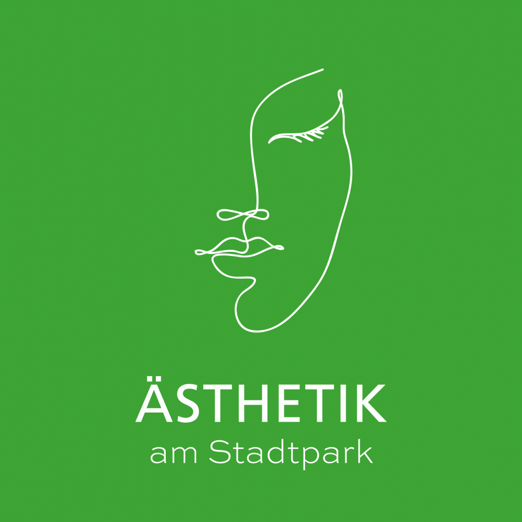 Logo der Ästhetik am Stadtpark mit Gesichtsillustration auf grünem Hintergrund